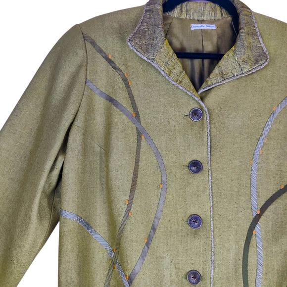 Elizabeth Gillem Art to Wear Tweed Lagenlook Olive Green Button Up Jacket Large - Picture 3 of 10